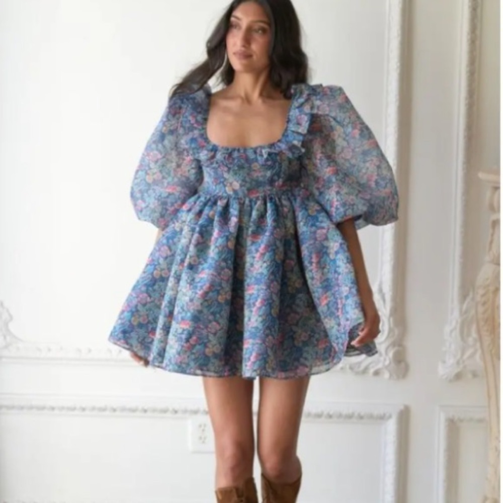 NWOT Selkie Mayfair Secret Garden Puff Sleeve Blue Floral Mini Dress Size XL - Picture 4 of 16